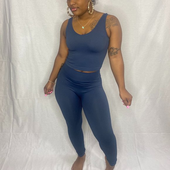 Joni Ink Blue Ribbed Pants Set with V-Neckline Top - Picture 1 of 7